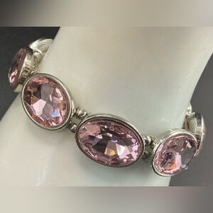 PINK FACETED RHINESTONE SILVER TONE STRETCH BRACELET